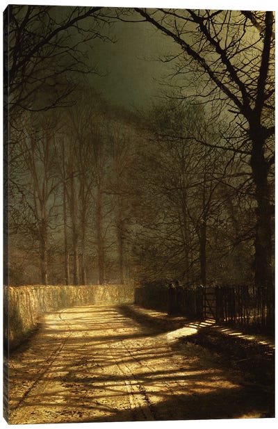 A Moonlit Lane, with two lovers by a gate Canvas Art Print - John Atkinson Grimshaw