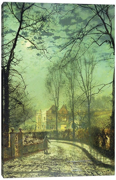 A Moonlit Road, 19th century Canvas Art Print - John Atkinson Grimshaw