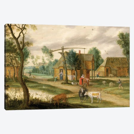 A village landscape with a woman drawing water from a well  Canvas Print #BMN1061} by Isaak van Oosten Canvas Art
