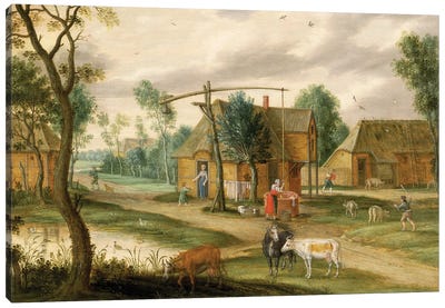 A village landscape with a woman drawing water from a well  Canvas Art Print