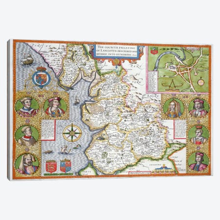 Lancashire in 1610, from John Speed's 'Theatre of the Empire of Great Britaine', first edition, pub. 1611-12  Canvas Print #BMN1065} by John Speed Canvas Art Print