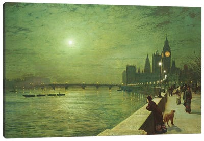 Reflections on the Thames, Westminster, 1880  Canvas Art Print - John Atkinson Grimshaw