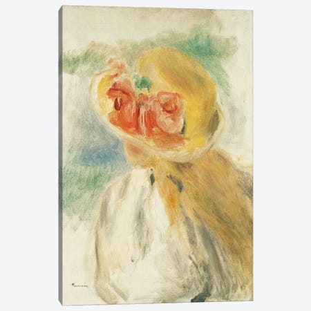 Young Girl with Flowers in her Hat Canvas Print #BMN10969} by Pierre Auguste Renoir Canvas Artwork