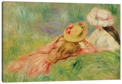 Young Girls on the River Bank  Canvas Art Print - Pierre Auguste Renoir