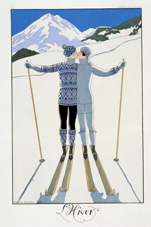 Winter: Lovers in the Snow, fashion plate from 'Twentieth Century France', 1925 (colour litho) by George Barbier wall art