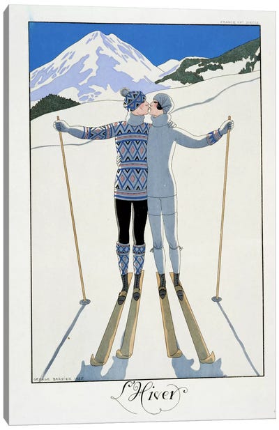 Winter: Lovers in the Snow, fashion plate from 'Twentieth Century France', 1925 (colour litho) Canvas Art Print - Women's Sportswear Art