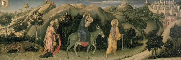 Donkeys: Adoration of the Magi Altarpiece; central predella panel depicting The Flight into Egypt, 1423  by Gentile da Fabriano