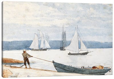 Pulling the Dory, 1880  Canvas Art Print - Winslow Homer