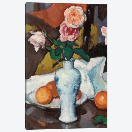Roses In A Vase With Oranges And A White Tablecloth Canvas Print #BMN11077} by Samuel John Peploe Canvas Artwork