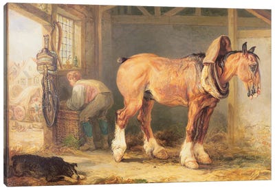 A Groom With Carthorse In A Stable Canvas Art Print