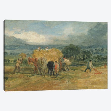 A Harvest Scene With Workers Loading Hay On To A Farm Wagon Canvas Print #BMN11101} by James Ward Art Print