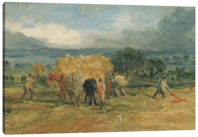 A Harvest Scene With Workers Loading Hay On To A Farm Wagon Canvas Art Print - James Ward