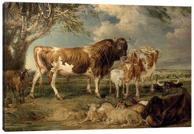 Bull, Cow And Calf In A Landscape, 1837 Canvas Art Print - James Ward