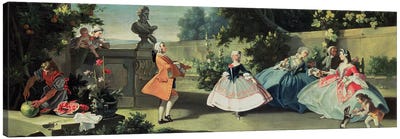 An ornamental garden with a young girl dancing to a fiddle  Canvas Art Print