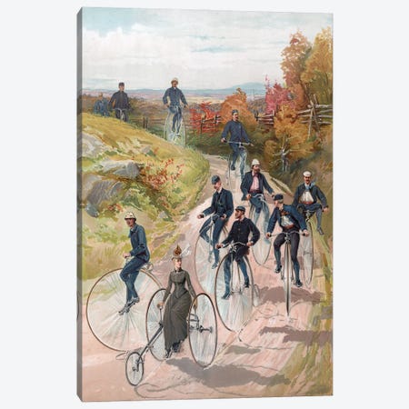 Bicycling: Woman On Tricycle Followed By Men On Penny-Farthings, 1887 Canvas Print #BMN11188} by American School Canvas Print