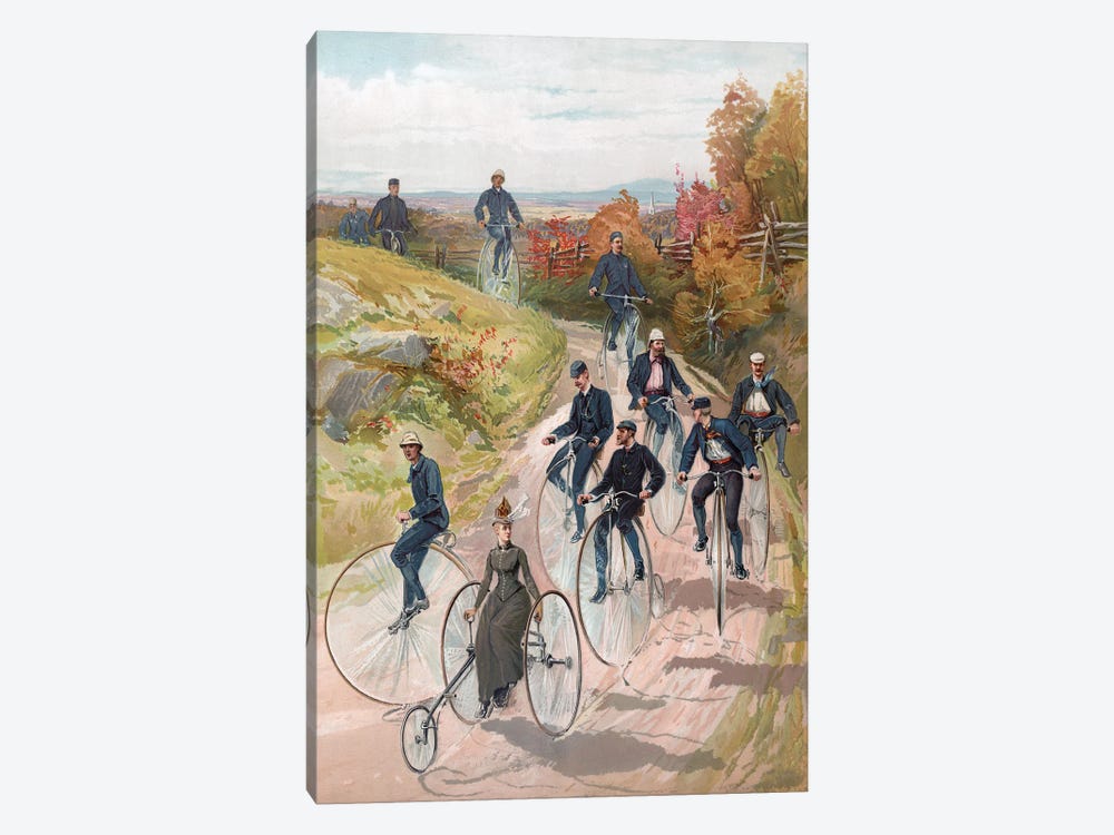 Bicycling: Woman On Tricycle Followed By Men On Penny-Farthings, 1887 1-piece Art Print