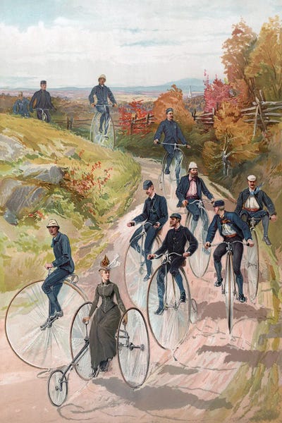 American School: Bicycling: Woman On Tricycle Followed By Men On Penny-Farthings, 1887 by American School