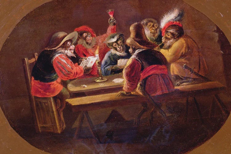 Monkeys Dressed As Soldiers Playing Cards And Carousing