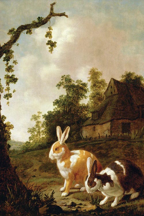 Wooded Landscape With Two Hares