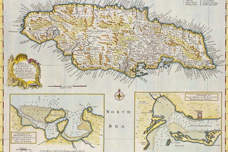 A New & Accurate Map Of The Island Of Jamaica. Divided Into Its Principal Parishes, c.1760 by Emanuel Bowen wall art