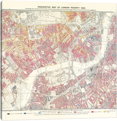 Southwestern Sheet, Descriptive Map Of London Poverty, 1889 Canvas Art Print - London Maps