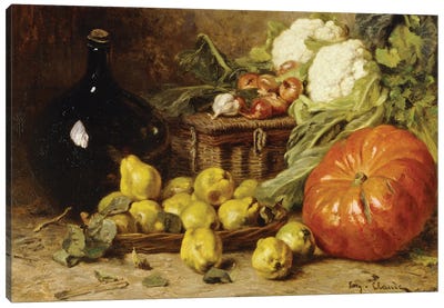 A Still Life With A Wine Flagon, A Basket, Pears, Onions, Cauliflowers, Cabbages, Garlic And A Pumpkin Canvas Art Print