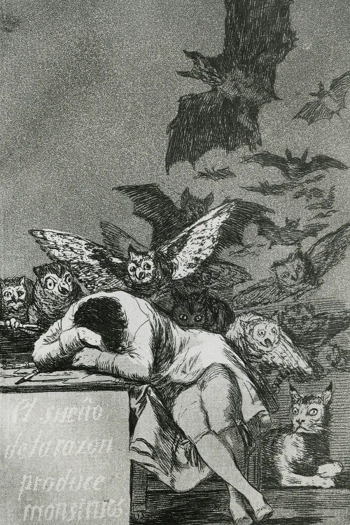 The Sleep Of Reason Produces Monsters (B&W Photo Of Illustration From Los Caprichos), 1799 by Francisco Goya wall art