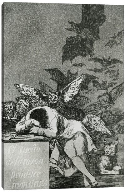 The Sleep Of Reason Produces Monsters (B&W Photo Of Illustration From Los Caprichos), 1799 Canvas Art Print - Bat Art