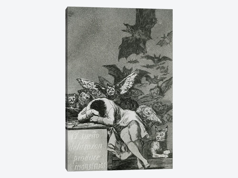 The Sleep Of Reason Produces Monsters (B&W Photo Of Illustration From Los Caprichos), 1799 by Francisco Goya 1-piece Canvas Art Print
