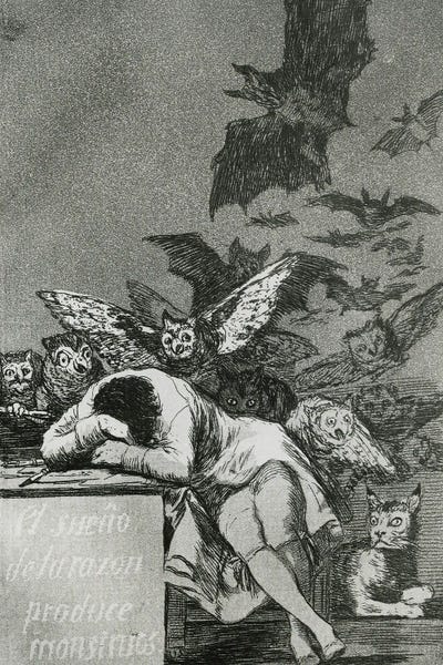 Bats: The Sleep Of Reason Produces Monsters (B&W Photo Of Illustration From Los Caprichos), 1799 by Francisco Goya