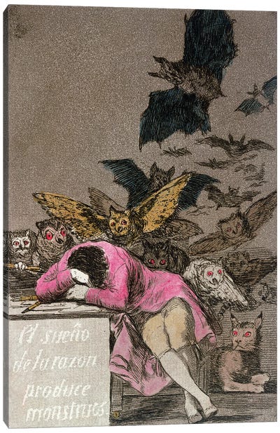 The Sleep Of Reason Produces Monsters (Color Illustration From Los Caprichos), 1799 Canvas Art Print - Francisco Goya