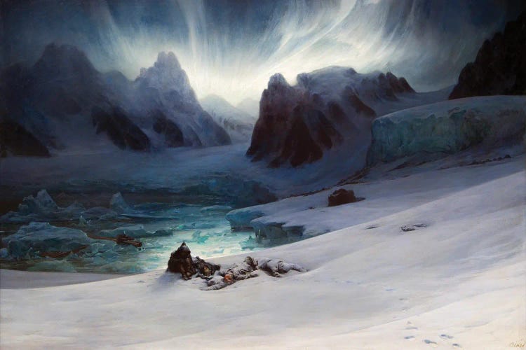 Magdalena Bay, View From The Peninsula Of The Tombs, Northern Spitsbergen With Aurora Borealis, 1841 by Francois Auguste Biard wall art