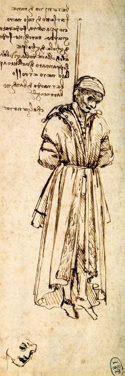 Study of the Hanged Bernardo di Bandino Baroncelli, assassin of Giuliano de Medici, 1479  by Leonardo da Vinci canvas print
