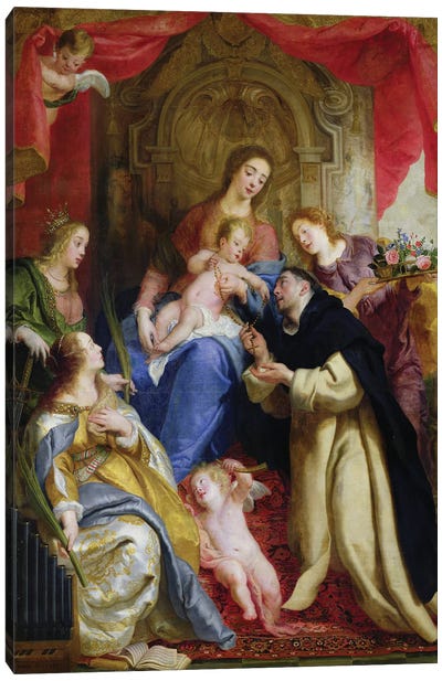 The Virgin Offering The Rosary To St. Dominic, 1641 Canvas Art Print - Religious Figure Art