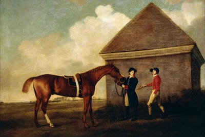Eclipse (A Dark Chestnut Racehorse) Held By A Groom, With A Jockey, By The Rubbing Down House At Newmarket, 1770 by George Stubbs metal wall art