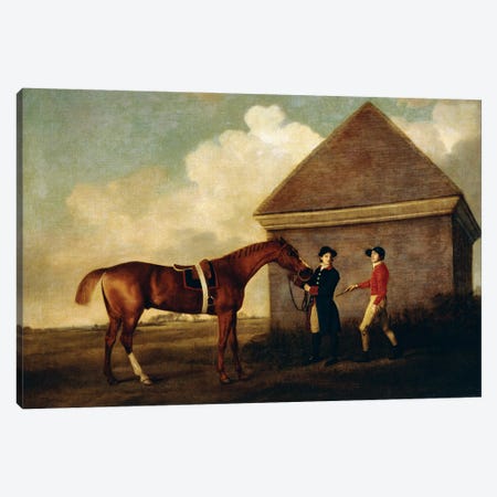 Eclipse (A Dark Chestnut Racehorse) Held By A Groom, With A Jockey, By The Rubbing Down House At Newmarket, 1770 Canvas Print #BMN11561} by George Stubbs Art Print
