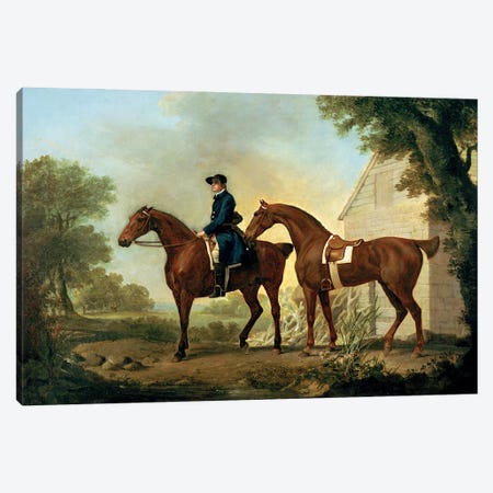 Mr. Crewe's Hunters With A Groom Near A Wooden Barn Canvas Print #BMN11573} by George Stubbs Canvas Wall Art