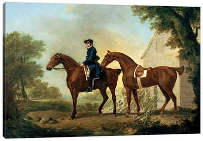 Mr. Crewe's Hunters With A Groom Near A Wooden Barn Canvas Art Print
