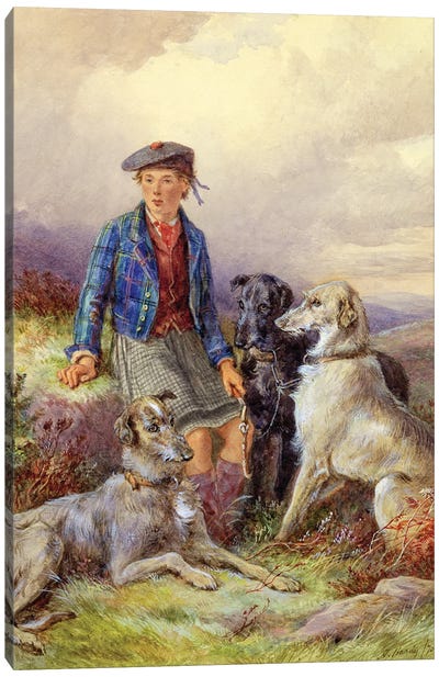 Scottish boy with wolfhounds in a Highland landscape, 1870  Canvas Art Print