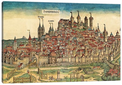 View Of Nuremberg, (Two-Page Illustration From The Nuremberg Chronicle), 1493 Canvas Art Print - Germany Art
