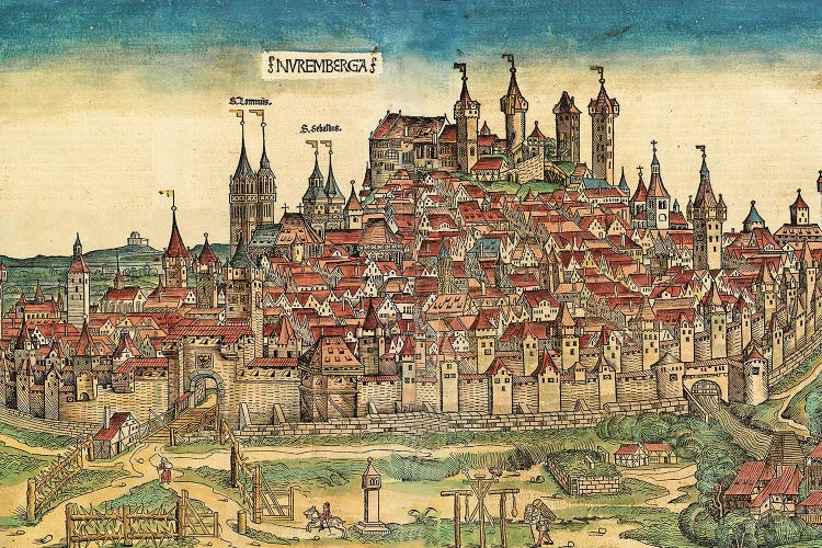 View Of Nuremberg, (Two-Page Illustration From The Nuremberg Chronicle), 1493 by German School wall art