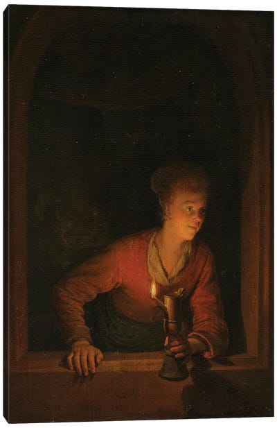Girl With An Oil Lamp At A Window, c.1645-75 Canvas Art Print