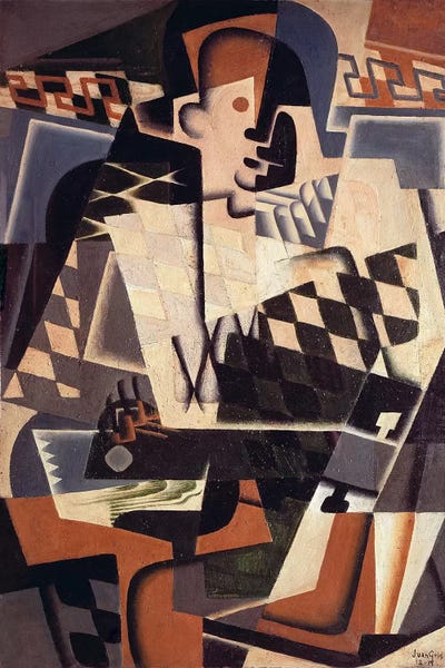 Guitars: Harlequin with a Guitar, 1917 (oil on canvas) by Juan Gris