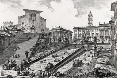 View Of The Roman Campidoglio With Staircase Leading To The Araceli Church (Etching From Views Of Rome), c.1760 by Giovanni Battista Piranesi framed canvas print