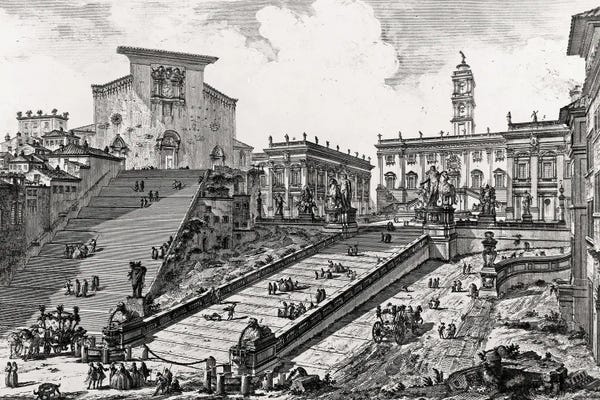 Giovanni Battista Piranesi: View Of The Roman Campidoglio With Staircase Leading To The Araceli Church (Etching From Views Of Rome), c.1760 by Giovanni Battista Piranesi