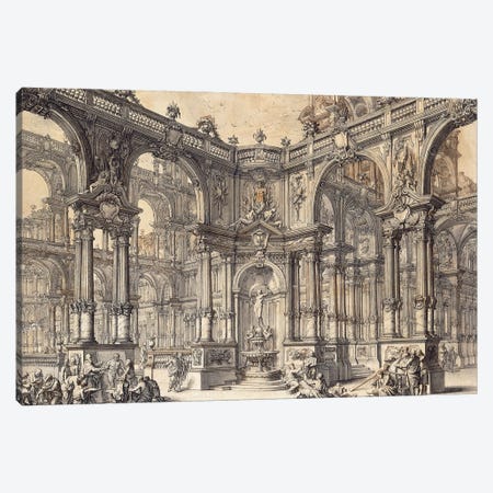 The Portico Of An Italian Palace With A Fountain Decorated With A Statue Of Fortune, Canvas Print #BMN11654} by Giuseppe Galli Bibiena Canvas Art