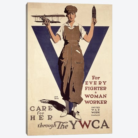 For Every Fighter a Woman Worker, 1st World War YWCA propaganda poster Canvas Print #BMN1171} by Adolph Treidler Canvas Wall Art
