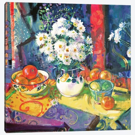 Flowers And Fruit In A Green Bowl, 1997 Canvas Print #BMN11730} by Peter Graham Canvas Artwork
