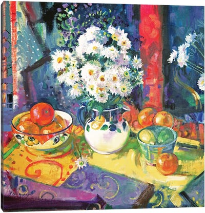 Flowers And Fruit In A Green Bowl, 1997 Canvas Art Print