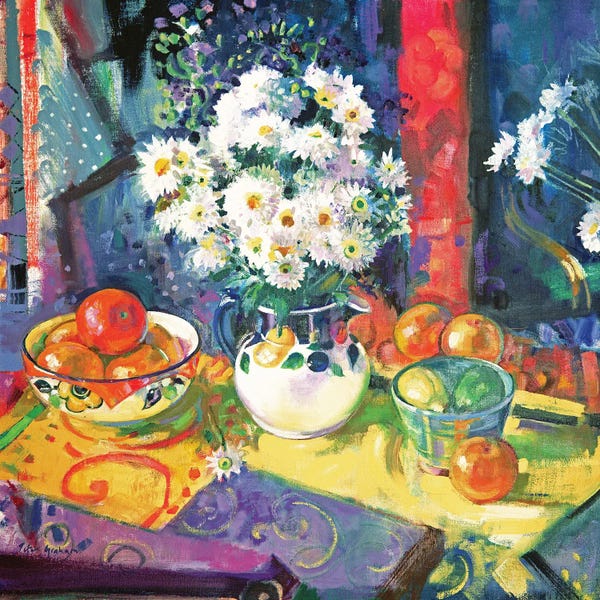 Peter Graham: Flowers And Fruit In A Green Bowl, 1997 by Peter Graham